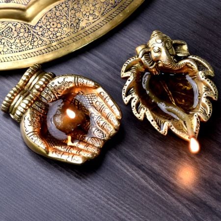 Golden Sankh and Hands Brass Oil Lamp Diwali Diya Gifts Worship Decoration Pack of 2